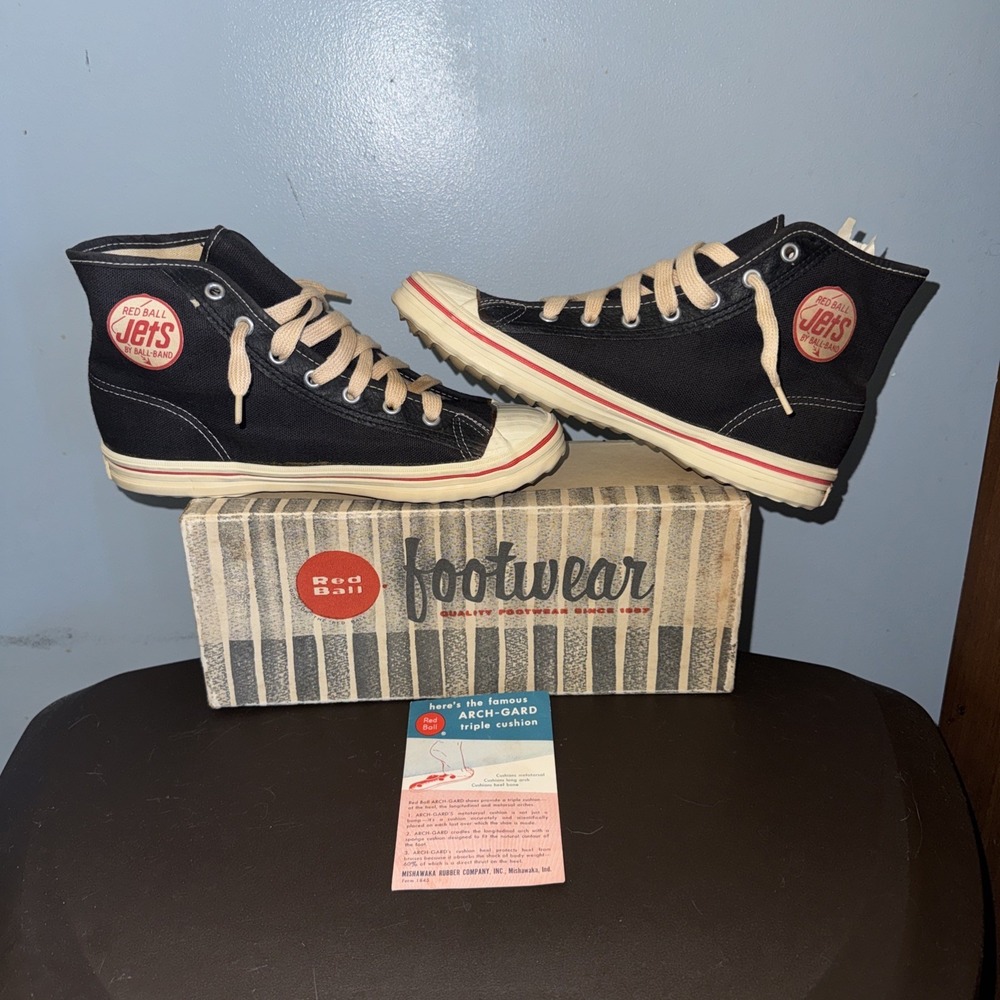 Red Ball Jets Tennis Shoes Sneaker Black High Tops Kids Size 1.5 NOS W/box VTG